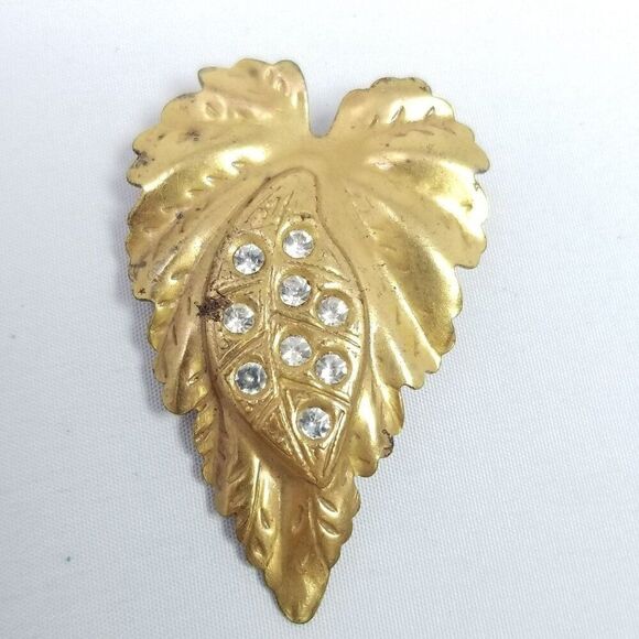 Vintage Gold Tone Leaf Shape Rhinestone Encrusted Dress Shoe Clip Brooch - Picture 2 of 6